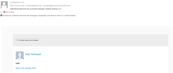 Screenshot of a community feedback email notification with a missing link. The message body is visible but the hyperlink is not displayed.
