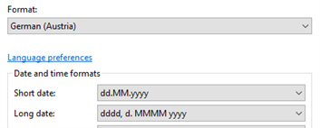 Windows 10 language preferences showing German (Austria) selected with date formats 'dd.MM.yyyy' for short date and 'dddd, d. MMMM yyyy' for long date.
