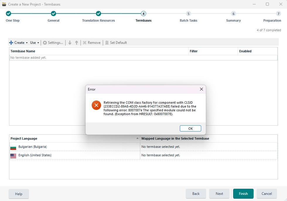 Screenshot of Trados Studio 2024 error message. A dialog box with 'Error' title shows 'Retrieving the COM class factory for component with CLSID xxxxxxxx-xxxx-xxxx-xxxx-xxxxxxxxxxxx failed due to the following error: 8007007e The specified module could not be found. (Exception from HRESULT: 0x8007007E).' No termbases added to the project.
