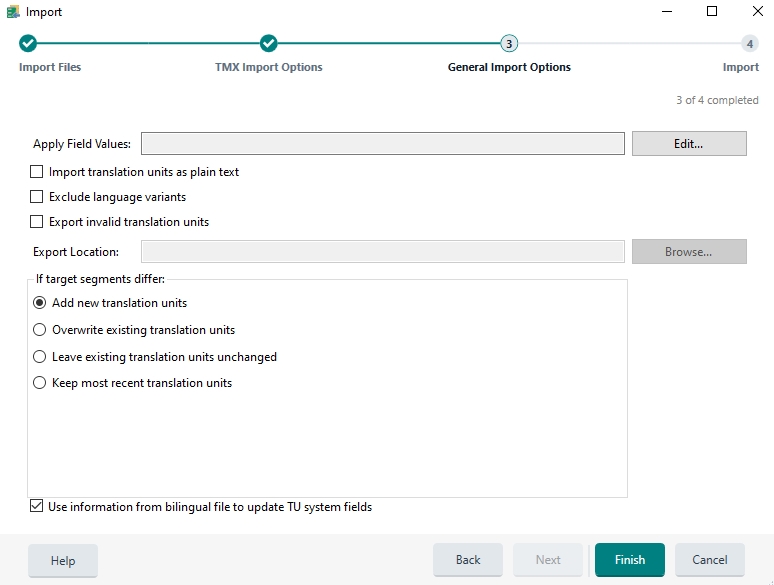 Trados Studio General Import Options screen with checkboxes for import preferences and options for handling target segments with no errors visible.