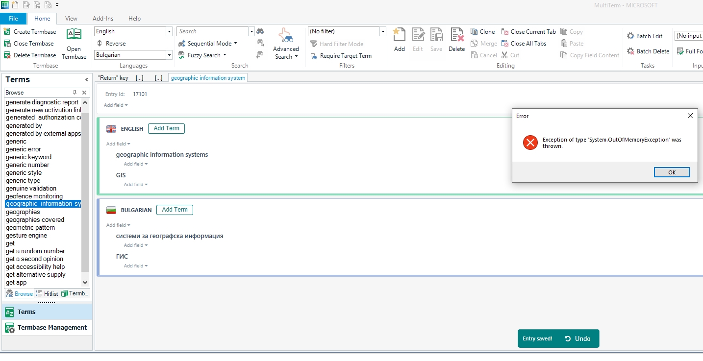 Screenshot of Trados MultiTerm displaying an 'Exception of type System.OutOfMemoryException was thrown' error in a pop-up window.