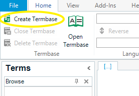 Screenshot showing the Create Termbase option highlighted in the toolbar of the MultiTerm interface.