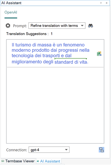 AI Assistant window showing a translation suggestion in Italian with light blue text, prompt set to 'Refine translation with terms', and connection set to gpt-4.