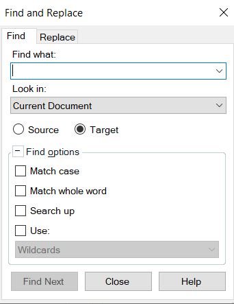Screenshot of Trados Studio's Find and Replace dialog box with 'Find what' input field empty. 'Look in' section shows 'Current Document' selected with 'Target' radio button checked by default.