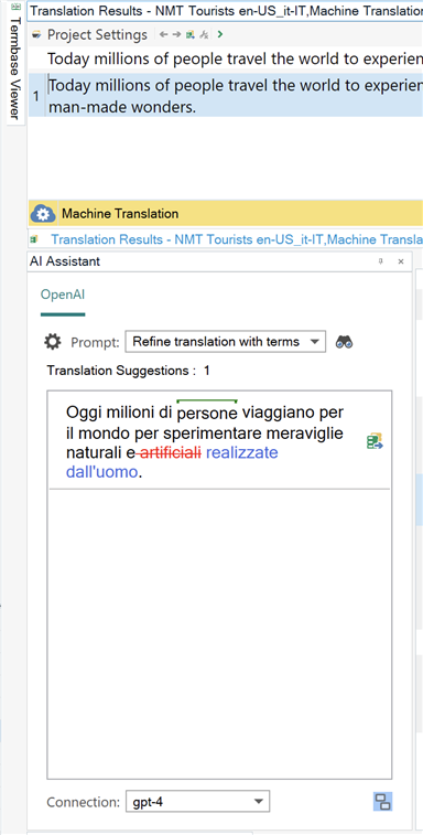 AI Assistant window displaying a translation suggestion in Italian with 'artificial' struck through in red and corrected text in blue, prompt set to 'Refine translation with terms', and connection set to gpt-4.