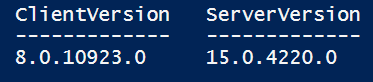 Screenshot showing two version numbers, ClientVersion 8.0.10923.0 and ServerVersion 15.0.4220.0, displayed next to each other.