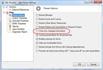 SDL Passolo - .Net Parser Settings window with Parser Options tab selected. The 'Write only changed information' checkbox is highlighted indicating it can be deselected.