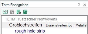 Screenshot of Trados Studio's Term Recognition window with a tooltip showing a term and its translation, 'rough hole strip'.