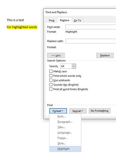 MS Word 'Find and Replace' dialog box with 'Find what' field set to 'Format: Highlight' and 'Replace with' field empty.
