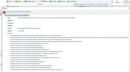 Error message in Trados Studio stating 'File not found' with details of a System.IO.FileNotFoundException and a stack trace indicating the error occurred while updating a TM from Project Settings.