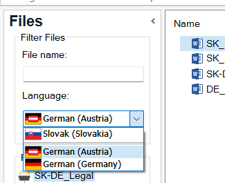 Trados Studio Files panel showing a dropdown menu for Language with options German (Austria), Slovak (Slovakia), and German (Germany) selected, and file names SK-DE_Legal in the adjacent Name list.