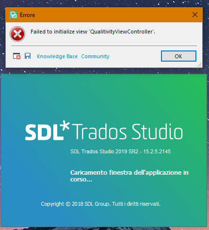 Error dialog box stating 'Failed to initialize view 'QualitivityViewController'.' with Knowledge Base and Community buttons and an OK button.