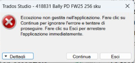 Error window in Trados Studio with the message: 'Eccezione non gestita nell'applicazione. Fare clic su Continua per ignorare l'errore e tentare di proseguire. Fare clic su Esci per arrestare l'applicazione immediatamente.' Buttons labeled 'Dettagli,' 'Continua,' and 'Esci' are visible.