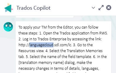 Screenshot of Trados Copilot with instructions on how to apply Translation Memory from the Editor, including steps to open Trados application and access Trados Enterprise.