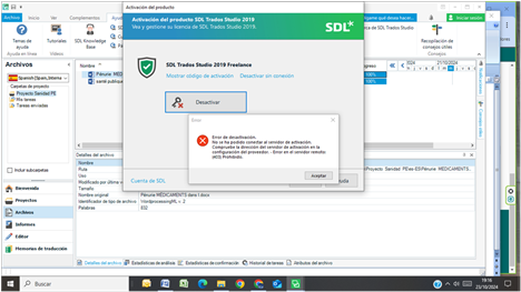 Screenshot of a software activation window with an error message stating 'Error de desactivacion: no se puede acceder al servidor de activacion. Compruebe su conexion a internet o el estado del servidor e intentelo de nuevo mas tarde.' A 'Deactivate' button is visible.