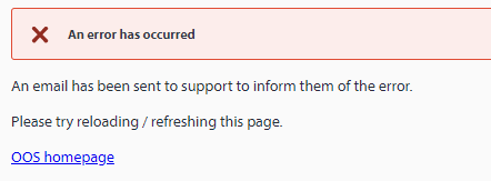 Error notification in Trados Studio with text 'An error has occurred. An email has been sent to support to inform them of the error. Please try reloading refreshing this page. OOS homepage link.'