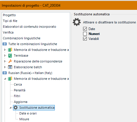 Screenshot of Trados Studio project settings with the 'Automatic Substitution' option for 'Numbers' unchecked.