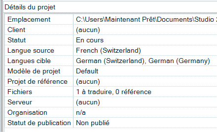 Trados Studio project details showing location, client, status as 'In progress', source language as 'French (Switzerland)', target languages as 'German (Switzerland), German (Germany)', default project template, no reference project, 1 file to translate, no server, organization not applicable, and publication status as 'Not published'.