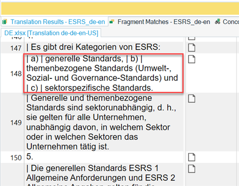Close-up of the same bilingual Excel file in Trados Studio showing German text with improper segmentation of enumeration markers.