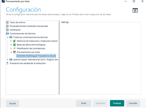 Screenshot of Trados Studio's batch processing settings with 'Generate Multilingual Translations Excel' option checked but no settings available.