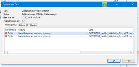 Trados Studio error message window showing 'Leere Blattname sind nicht zulassig' which translates to 'Empty sheet names are not allowed'.