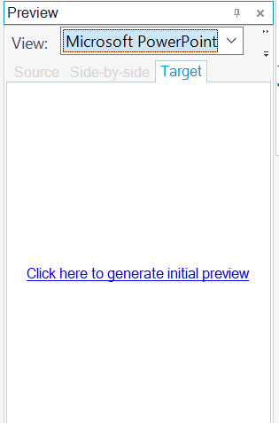 Screenshot of Trados Studio Preview window with a message 'Click here to generate initial preview' and a dropdown menu set to 'Microsoft PowerPoint'.