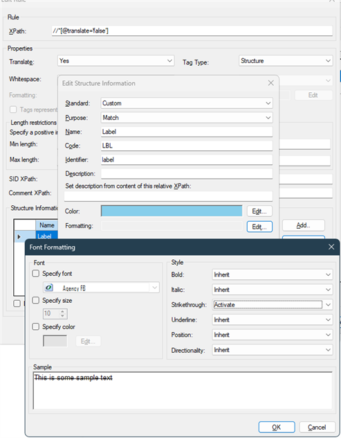 A screenshot of the Edit Structure Information window in Trados Studio, showing settings for a label with strikethrough formatting activated and font properties displayed.