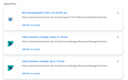 Download list showing SDLTradosStudio2019, trados_business_manager_online_6.1.40.exe, and trados_business_manager_api_6.1.40.exe with 'Afficher le dossier' links.