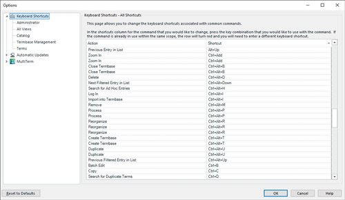 Trados Studio Options dialog showing Keyboard Shortcuts tab with a list of Ctrl+Alt shortcuts for MultiTerm functions, such as 'Zoom In' and 'Close Termbase'. No errors visible.