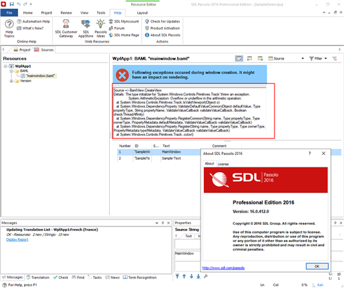 Screenshot of Trados Studio error message window titled 'WinProjBaml: BAML.mainwindow.baml' with a red error icon and a list of exception details including file paths and error types. The main program window is in the background.
