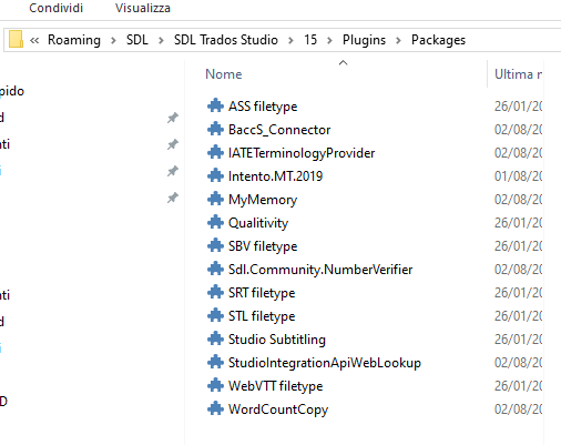 Screenshot of Trados Studio plugin folder showing a list of plugins including Qualitivity with a date of 260120.
