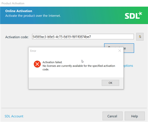 SDL Trados Studio activation window with an error message stating 'Activation failed. No licenses are currently available for the specified activation code.'