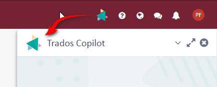 Screenshot showing the Trados CoPilot logo in the toolbar of the software interface, with a red arrow pointing to it.