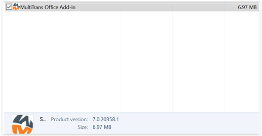 Control Panel view showing MultiTrans Office Add-in selected with product version 7.0.20358.1 and size 6.97 MB displayed at the bottom.