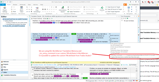 Screenshot of Trados Studio interface with an open project. A dialog box is highlighted showing the custom TM Attribute '_tm_entry_comment'. An arrow points to the Translation Memory view where the attribute is to be updated.