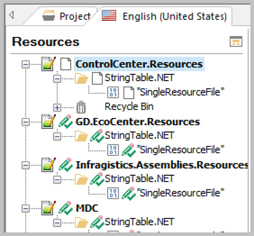 Screenshot of Trados Studio Resources window showing various folders with icons, one of which is a white page icon next to 'ControlCenter.Resources'.