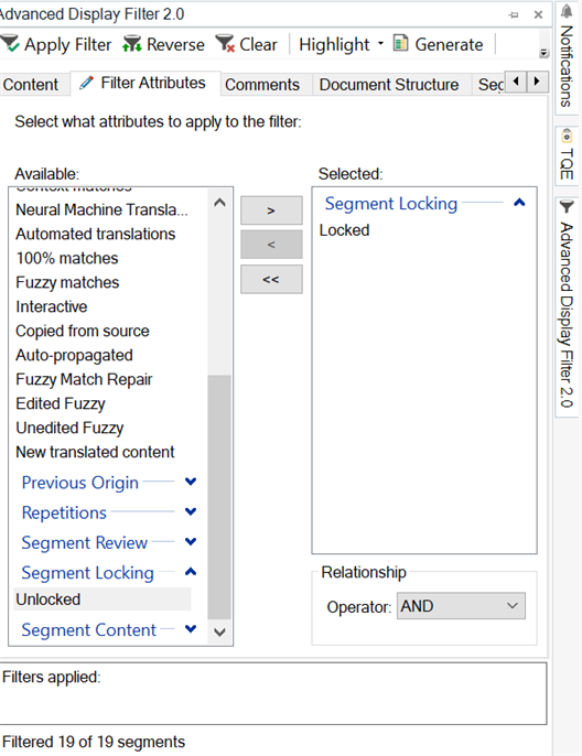 Advanced Display Filter 2.0 window in Trados Studio showing Segment Locking filter applied with Locked selected, filtering 19 of 19 segments.