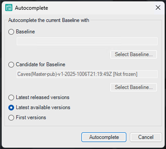 Autocomplete dialog with options to select Baseline, Candidate for Baseline, Latest released versions, Latest available versions, or First versions.
