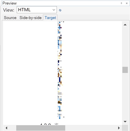 Screenshot of Trados Studio Ideas showing a corrupted preview pane with HTML view selected. The content is unreadable with scattered pixels and colors.