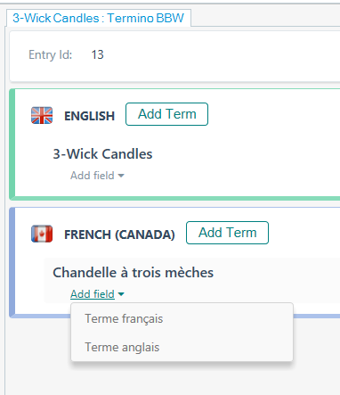 Screenshot of MultiTerm 2024 interface with an entry for '3-Wick Candles' showing options to add English or French terms but no option to add images.
