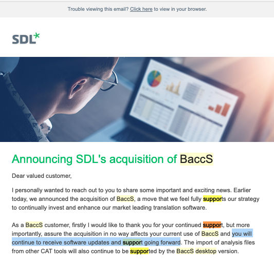 Email screenshot announcing SDL's acquisition of BaccS with a man looking at a computer screen in the background. Text emphasizes continued support and software updates for customers.