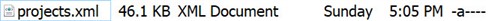 Screenshot showing a file named 'projects.xml' with a size of 46.1 KB, type XML Document, modified on Sunday at 5:05 PM.