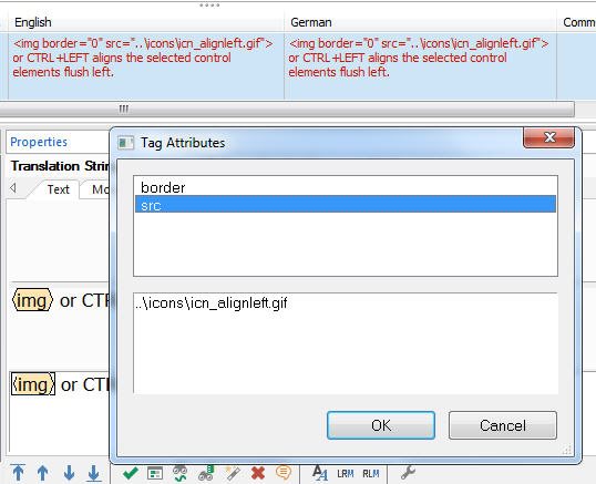 Trados Studio Tag Attributes dialog box showing options to edit 'border' and 'src' attributes for an image tag.