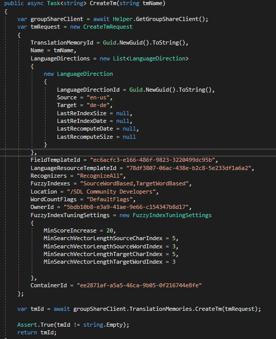 Screenshot of code in Trados Studio showing a function to create a Translation Memory with various parameters such as LanguageDirection, FieldTemplateId, and FuzzyIndexTuningSettings.
