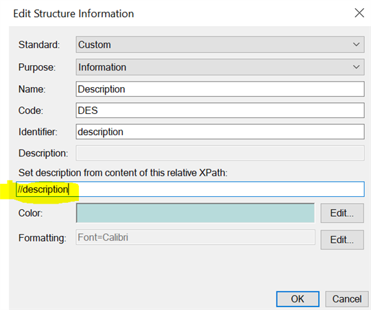 Edit Structure Information dialog in Trados Studio with a custom description field set to extract content from the relative XPath 'description'.