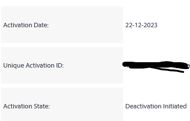 Screenshot showing a software activation detail with Activation Date: 22-12-2023, a redacted Unique Activation ID, and Activation State: Deactivation Initiated.