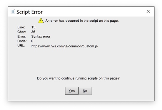 Script Error dialog box showing an error has occurred in the script on this page at line 15, character 36. Error: Syntax error. URL provided. Options to continue running scripts: Yes or No.