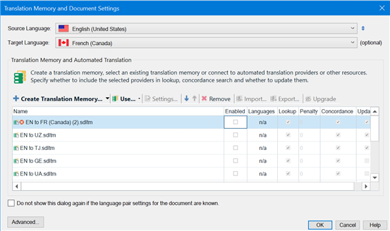 SDL Trados Studio Translation Memory and Document Settings window with a list of translation memories. The 'EN to FR (Canada)' memory is selected but shows an 'x' icon indicating it is not enabled for the selected language pair.