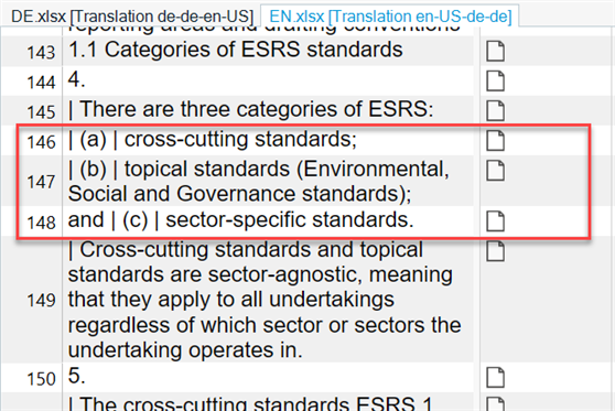 Close-up of the same bilingual Excel file in Trados Studio showing English text with proper segmentation of enumeration markers.
