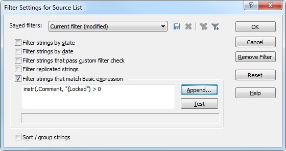 Trados Studio Filter Settings for Source List dialog box with a filter expression 'instr(Comment, "Locked") > 0' entered to exclude strings with 'Locked' in the comment.